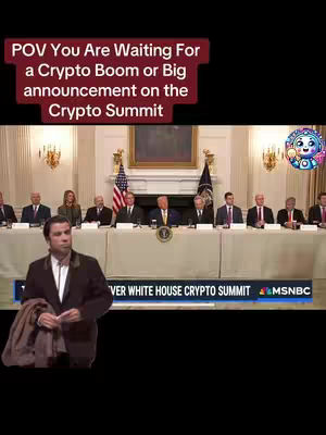 The image is a screen capture of a news broadcast. It's a wide shot of a room with many people seated at a long table. The American flag and another flag are visible in the background. In the foreground, a man is superimposed over this scene. On the bottom of the screen, there's a banner that reads "VER WHITE HOUSE CRYPTO SUMMIT" followed by "MSNBC". A text overlay in a red box at the top says: "POV You Are Waiting For a Crypto Boom or Big announcement on the Crypto Summit"