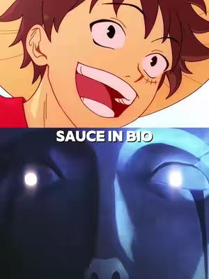 The cover image is split into two halves. The top half features a close-up of a cartoon character with brown hair and a straw hat, smiling widely. Below, the bottom half displays a close-up of a stylized, glowing blue face with bright white eyes. The text 'SAUCE IN BIO' is overlaid in the center, just above the border.