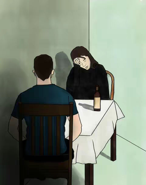 An illustration of a somber scene in a restaurant. A man is seen from the back, seated at a table. Across from him, a woman rests her head on her hand, appearing distressed. A bottle of wine sits on the table between them.