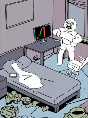 An illustration shows a messy room with a bed, desk, and window. A person with a yeti-like appearance is yelling while holding a piece of paper. A computer monitor on the desk displays a stock market chart with a red and green bar. The room itself is messy, suggesting a state of distress or chaos.