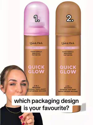 The cover image showcases a woman's face on the left, with two tanning mousse bottles on the right. The bottles are centered and have the brand name 'Quick Flick' prominently displayed. A text overlay asks viewers which packaging design they prefer.