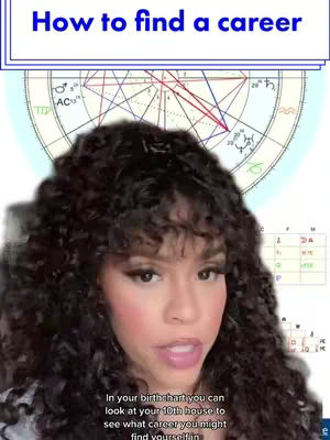 The cover image shows a woman with long, curly hair, facing the camera. Behind her is a detailed astrological chart. At the top, text reads 'How to find a career'. The woman is speaking, and a caption at the bottom discusses the birth chart's 10th house.