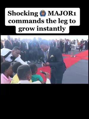 The cover image shows a man in a suit and tie holding a microphone and speaking, with a crowd of people in the background. In the foreground there is a child dressed in green. The background has a red carpet. The text overlay reads 'Shocking MAJOR1 commands the leg to grow instantly'.