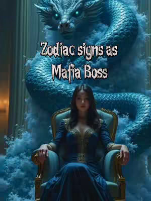 A glamorous image with a dark blue dress woman in a chair with a sea creature, and overlayed text that reads: Zodiac signs as Mafia Boss