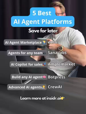 A man in a white t-shirt is seated, possibly in an office setting, with a laptop on a table. A graphic overlay highlights '5 Best AI Agent Platforms' in a teal bubble. The overlay continues with the prompt 'Save for later,' followed by a list of AI agent platforms and their associated companies. The image is well-lit, featuring a simple yet informative design.