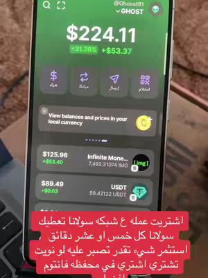 The cover image shows a phone screen displaying a cryptocurrency app interface. The top half features a green header showing the current balance and its percentage change. Below, there are several function icons. The lower half displays cryptocurrency holdings.
