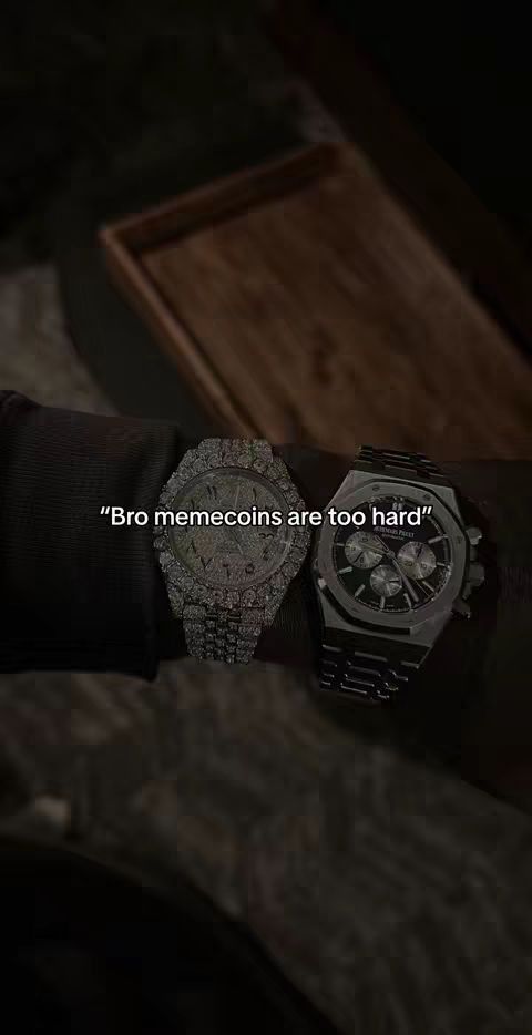 The cover image showcases two luxury wristwatches side-by-side, resting on a dark surface, possibly skin or a fabric. The watches are the focal point, one heavily encrusted with what appears to be diamonds, and the other a more classic, understated design with a black face. Text overlayed on the image reads "Bro memecoins are too hard".