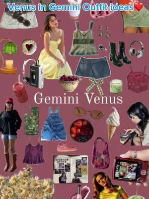 A collage-style image with a maroon background. The top has text that says, "Venus in Gemini Outfit Ideas" in the top left corner above a red heart. A woman in a yellow dress is featured prominently. Various clothing items (shorts, tops, shoes) and accessories (headphones, glasses, bags, cassette player, a bowl with cherries) are scattered around her. Text that says "Gemini Venus" is in the middle..