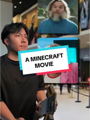 The cover image is a vertical collage. On the left, a young Asian man in a black shirt holds a phone, appearing to be recording. In the upper right, there is a screenshot of a man with a long grey beard. Beneath him and behind the man on the left are elements of a scene featuring vibrant colors. Overlaid on this is a rectangular, colored text box stating 'A MINECRAFT MOVIE.' The background shows a shopping mall setting.