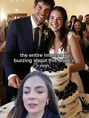 The cover image shows a wedding scene. A couple is smiling at camera while cutting the cake. A woman's face is added to the bottom as an overlay.