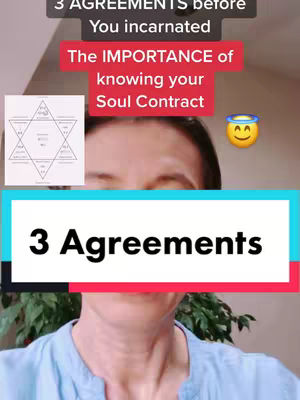 The image is a vertical video thumbnail. The top portion displays text on a grey background stating, "3 AGREEMENTS before You incarnated". Below this, a red rectangular background reads, "The IMPORTANCE of knowing your Soul Contract". In the middle, a partially visible woman's face appears, with only her eyes and forehead visible. To the left, an image of a star-like diagram with text is displayed. Below the woman's face is a teal rectangle with the words, "3 Agreements" in bold white text.