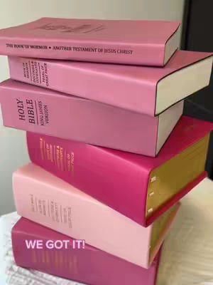 A stack of pink books, including a Bible and The Book of Mormon. The books are various shades of pink. The text overlay reads 'WE GOT IT!'