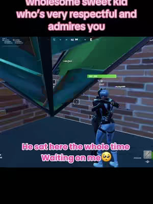 A screenshot from the game Fortnite. The game environment is visible, as are the characters in the game. Pink text overlays the image.