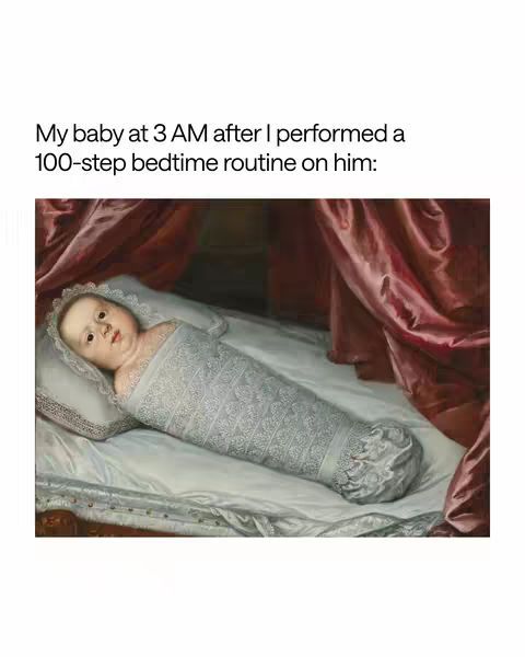 An artistic rendering of a baby swaddled in what appears to be a vintage style, lying on a bed. The baby has a doll-like face, with a wide-eyed, almost melancholic expression. The baby is wrapped in a decorative, white, patterned covering. It's set against a backdrop of rich drapery and a bed with a subtle design, suggesting a classic or renaissance aesthetic. The lighting is soft, adding to the serene yet slightly somber mood.