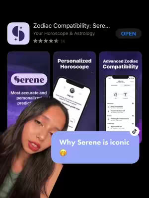 The cover image is a screenshot of an app store listing for the Serene app, a horoscope and astrology app. The app's logo and name are prominently displayed. Overlaid on the screenshot is a video of a young woman with a purple bubble around her head.
