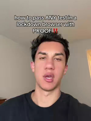 The cover image features a young man with dark hair and a black shirt, centered in the frame. Above his head is overlaid text in a sans-serif font, which reads 'how to pass ANY test in a lockdown browser with PROOF !!' The man is speaking directly to the camera, with his mouth open. The background is a neutral solid color suggesting an indoor setting with soft lighting.