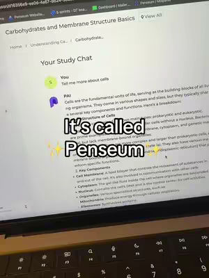 A laptop screen displays a chat conversation about cell structure overlaid with the text overlay. The screen is angled and lit from above, and reveals the keyboard below.