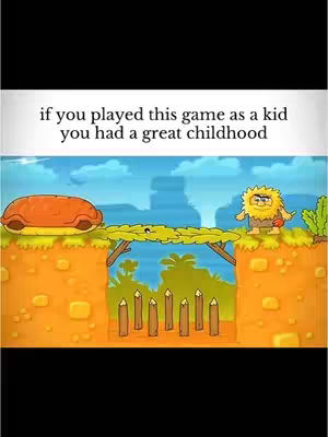 The image shows a cartoon-style game scene set against a blue sky with clouds. Two platforms are separated by a gap above several wooden posts and connected by a bridge made of leaves. The left platform has a large, orange, pill-shaped object. The right platform has a cartoon character, resembling a caveman with its hair, beard, and attire, holding a red ball. Above the scene is a white bar with the text overlaid in a sans-serif font.
