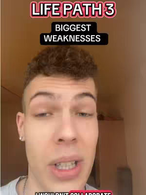 A close-up shot of a young man's face, looking directly at the camera with a neutral expression. Above him, text overlays on a red background indicate the video is about numerology and life path 3.