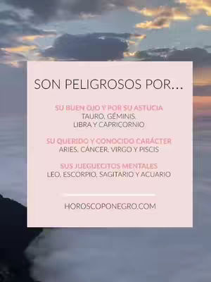 The image shows a text overlay with a pink background against a backdrop of a cloudy sky in shades of orange, pink, and blue. The overlay contains text in white and light pink. The text is organized into sections listing zodiac signs. The website address "HOROSCOPONEGRO.COM" is present at the bottom.