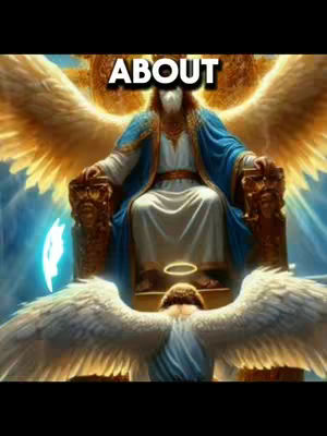 The image features a digitally created angel figure seated on a throne, wearing a blue robe. A text overlay reading "ABOUT" is positioned at the top. The background depicts a celestial environment with light radiating outwards.
