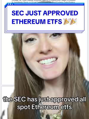A woman with long auburn hair smiles into the camera. Above her head is a white box with blue borders, inside reads "SEC JUST APPROVED ETHERIUM ETFS" with two party popper emojis. The background is white.