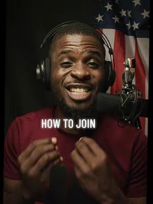 A man with a dark complexion smiles widely, wearing headphones and a maroon shirt, set against a dark backdrop with an American flag visible on the right and a microphone positioned in front of him. The overlay text "HOW TO JOIN" is placed at the bottom of the frame.