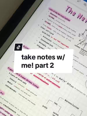 A close-up shot of a tablet screen, featuring handwritten notes on the nervous system. A white rectangle overlaid with the text 'take notes w/ me! part 2', with a TikTok logo at the top left. The background shows a desk.
