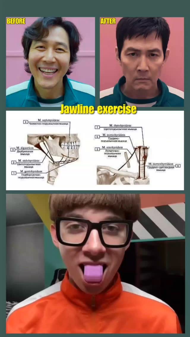 The cover image features a split composition. The top section shows a "before" and "after" comparison of a person's face, purportedly showing the effects of a jawline exercise, featuring the character from "Squid Game". Below that, there is a diagram of jaw muscles and at the bottom, another image of a person with the tongue sticking out.