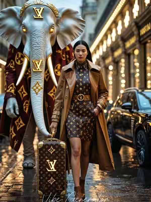 The image shows a woman in a brown coat walking on a wet city street, holding a Louis Vuitton suitcase. Behind her is a large statue of an elephant adorned with Louis Vuitton logos, and a car is out of focus in the background.