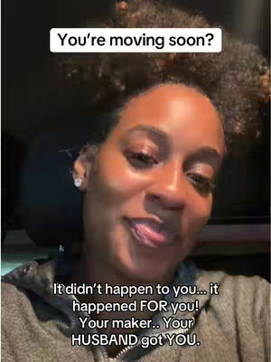 The cover image features a close-up of a woman with curly hair, looking upwards with a slight smile and her tongue out. Text overlays include a question about moving soon and another message about faith and support.