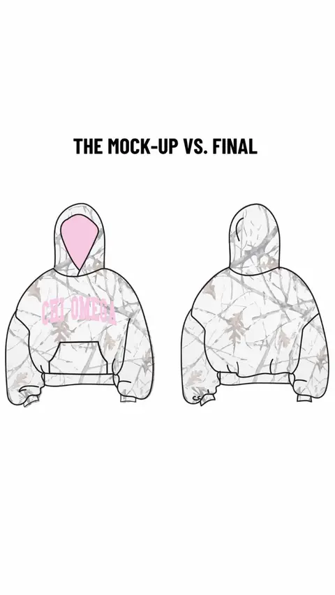 A line drawing shows two hoodie designs. The left hoodie is viewed from the front with the front of the hoodie visible, while the right hoodie is viewed from the back in the center. The hoodies are white with a pattern of gray and brown tree branches. The left hoodie has a pink hood lining, and the text "CHI OMEGA" in pink across the chest.
