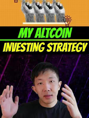The cover image features a close-up of a man with black hair, centered in the frame, with a blurred dark and purple abstract background. The man is looking towards the viewer with an open stance and raised hands. Above him, a yellow horizontal bar has four hands holding gold coins. An additional bar above that one contains the text, "MY ALTCOIN INVESTING STRATEGY" in large, colorful text.