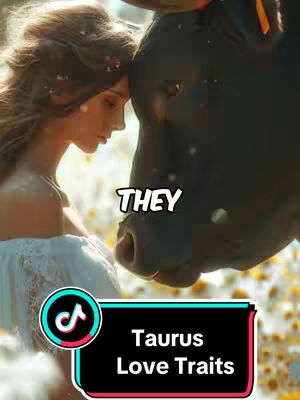 A woman gently touches the head of a large black bull in a field of flowers. Text overlays read 'THEY' and, in a banner, 'Taurus Love Traits'. The composition uses soft lighting, with the woman's face partially obscured.