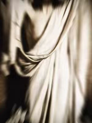 An artistic, blurred image featuring a close-up of draped fabric, possibly a religious garment or sculpture. The cloth has soft folds and creases, with shades of white and beige dominating, creating a sense of texture and form. The focus is central, suggesting an attempt to emphasize the material and its details.