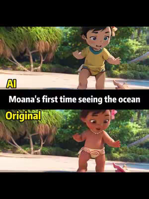The cover image is a split view comparing a scene from the Disney movie Moana, with the original at the bottom and an AI-generated anime version at the top. The scene features a baby Moana on a beach. The top half shows an anime style with bold lines and bright colors, while the bottom half maintains the original Disney animation.