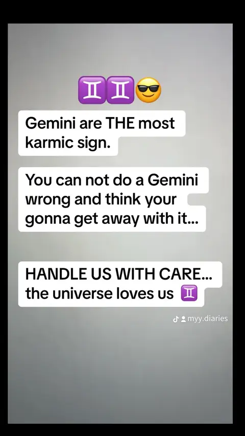 The cover image features a gray background with a frame. There are text bubbles with written content, emojis, and a user handle at the bottom right corner. The main text content includes statements about Gemini traits, their karmic sign, and a concluding statement.