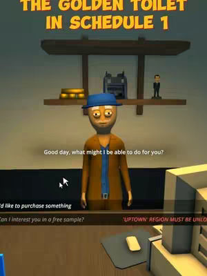 A 3D-rendered scene from a video game with a cartoonish character in front, a shelf with objects, and text overlay. The character is a light-brown, stylized figure wearing a blue hat and brown coat. The background has a simple, possibly pixelated design, featuring a shelf with golden objects and a black object. Text at the top says "THE GOLDEN TOILET IN SCHEDULE 1". Below the character, there is interactive text related to the game. The overall color palette leans towards muted tones with some highlighted text in a brighter color, suggesting an in-game setting or tutorial.