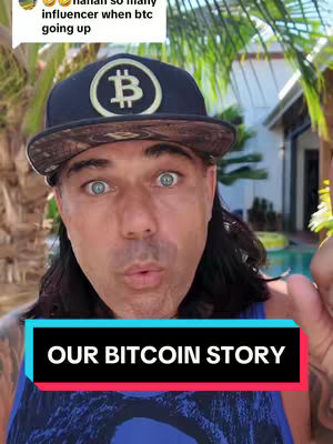 A man with long dark hair and a black cap with a Bitcoin logo is looking at the camera with a surprised expression on his face. The image has a blue and black banner that reads "OUR BITCOIN STORY."
