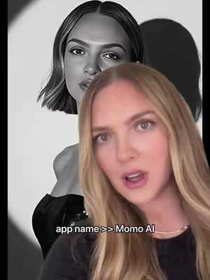 The cover image presents a split-screen effect. On the right is a frontal close up of a woman with long blonde hair, her mouth slightly open as if speaking or reacting. Behind and to the left is a black and white image of what seems to be a digitally altered version of a person with shoulder length hair, a similar facial structure to the woman up front, and a focused gaze. The text overlay at the bottom mentions the app name.