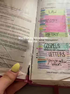 A person's hand holding open a well-used Bible. The pages are filled with colorful highlighting and handwritten notes. The text 'thankful my Bible looks like this' is overlaid on the image.