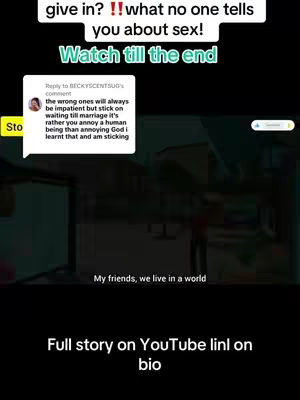 The video cover shows an animated scene from a cartoon, with text overlays. The background is a blurred representation of cityscapes with two interacting cartoon characters. On the top layer, text asks a question, "give in?" and discusses an issue; "what no one tells you about sex!". At the bottom, text encourages the audience ; "Watch till the end". There is also a comment appearing. The overall layout uses a dark theme.