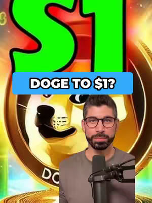 The cover image features a man with glasses in front of a golden coin with the doge logo. The text overlay reads 'DOGE TO $1?' The '1' is in a large neon green font.