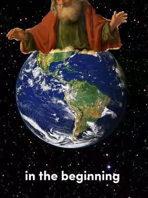 The cover image depicts a composite image of a planet Earth at the bottom, upon which sits an illustration of a figure resembling God wearing a red and green robe. The background is a starry night sky, and white text at the bottom says 'in the beginning'.
