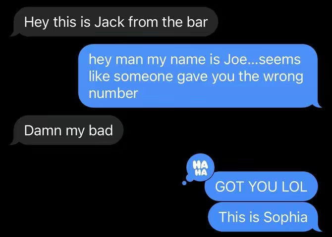 The cover image is a screenshot of a text message conversation against a black background. The chat bubbles are in two colors: gray for messages initiated by 'Jack,' and blue for messages by 'Joe' and 'Sophia.' The conversation starts with Jack introducing himself and progresses through a mix-up, followed by an 'LOL' and the revealing of the sender's identity, Sophia. The layout is clean and emphasizes the text exchange.