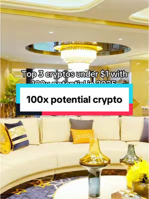 A luxurious living room setting featuring a curved cream-colored sofa, gold accents, and a large chandelier centered in the ceiling. A text overlay in a rectangular box reads '100x potential crypto'.