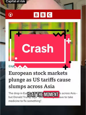 The cover image displays a screenshot of a news article about European stock markets, with a red overlay suggesting a market crash. The overlay text reads "Crash", and the article's headline notes the impact of US tariffs. Additionally, it includes a caption with financial disclaimers and relevant hashtags.