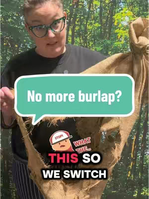 A woman wearing glasses, a black shirt, and a green speech bubble with text that says 'No more burlap?' in front of a tan burlap bag.