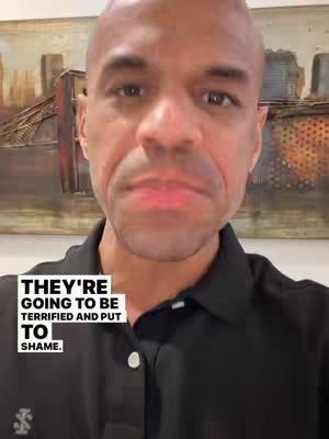 A man with a bald head, wearing a black polo shirt, is centered in a selfie-style shot. Overlaid text at the bottom emphasizes a message of divine justice.