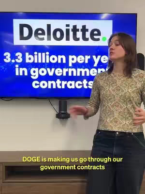 A woman stands in front of a large screen displaying the Deloitte logo and financial figures in blue text. The woman is positioned slightly off-center, wearing a patterned shirt and dark jeans. The lower section of the screen displays additional text in yellow.